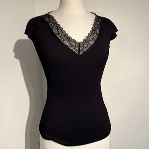 Maje Black Ribbed cap sleeve top w/ lace V insert